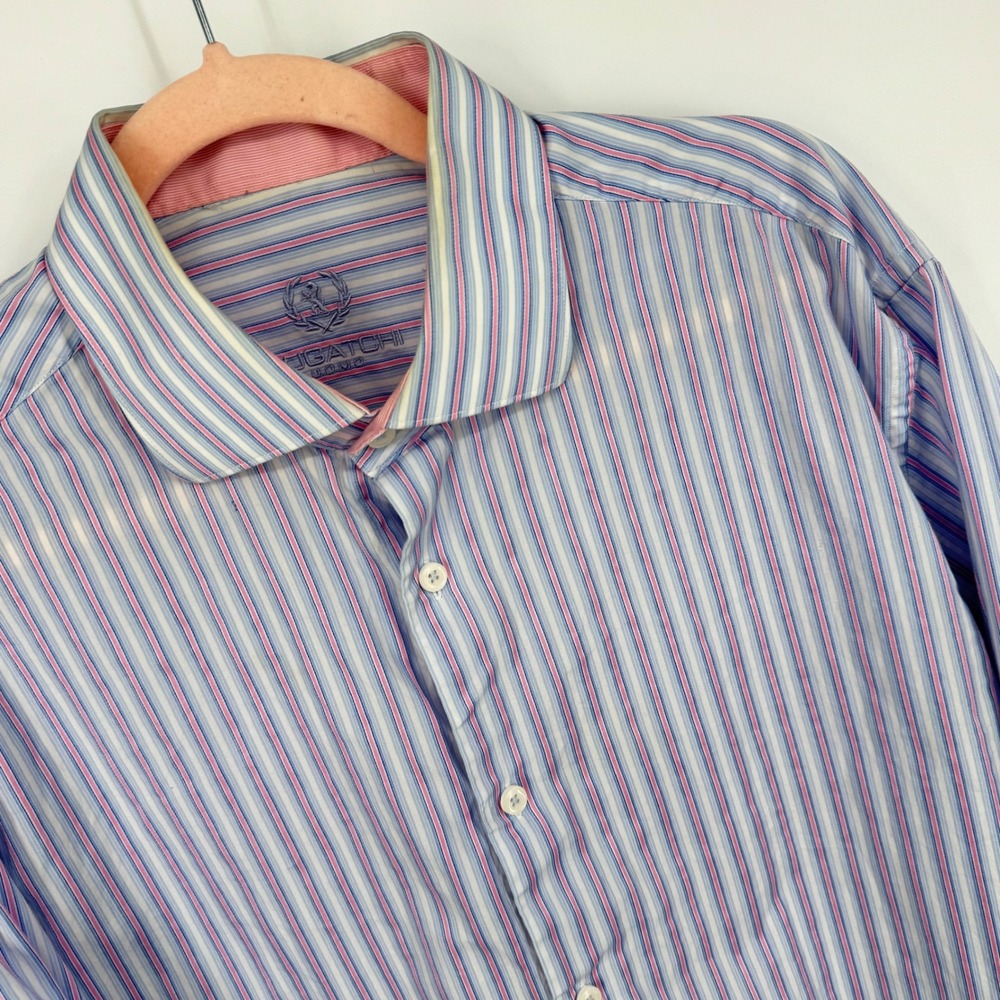Bugatchi Uomo Striped Dress Shirt Mens Long Sleeve‎ Button Up Light Blue Pink